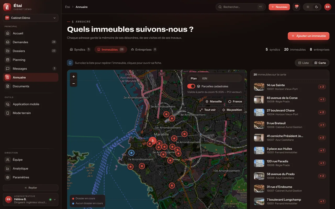 Annuaire, carte et cadastre : écran du produit