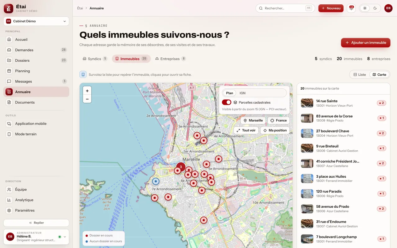 Annuaire, carte et cadastre : écran du produit