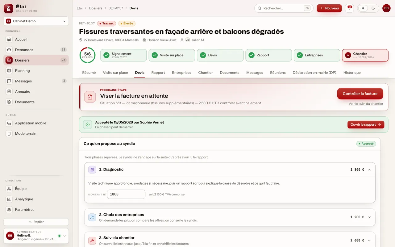 Devis en trois phases, signé en ligne : écran du produit