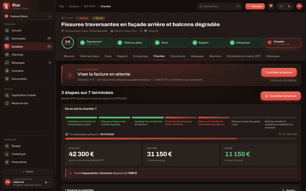 Suivi de travaux, visa des factures, alertes budget : écran du produit