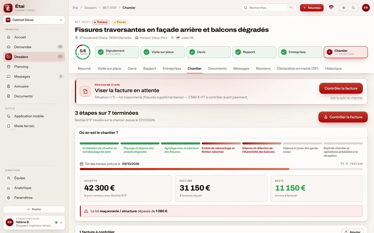 Suivi de travaux, visa des factures, alertes budget : écran du produit