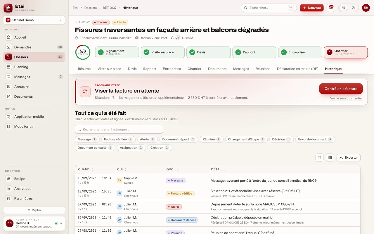 Historique horodaté d’un dossier : tout ce qui a été fait
