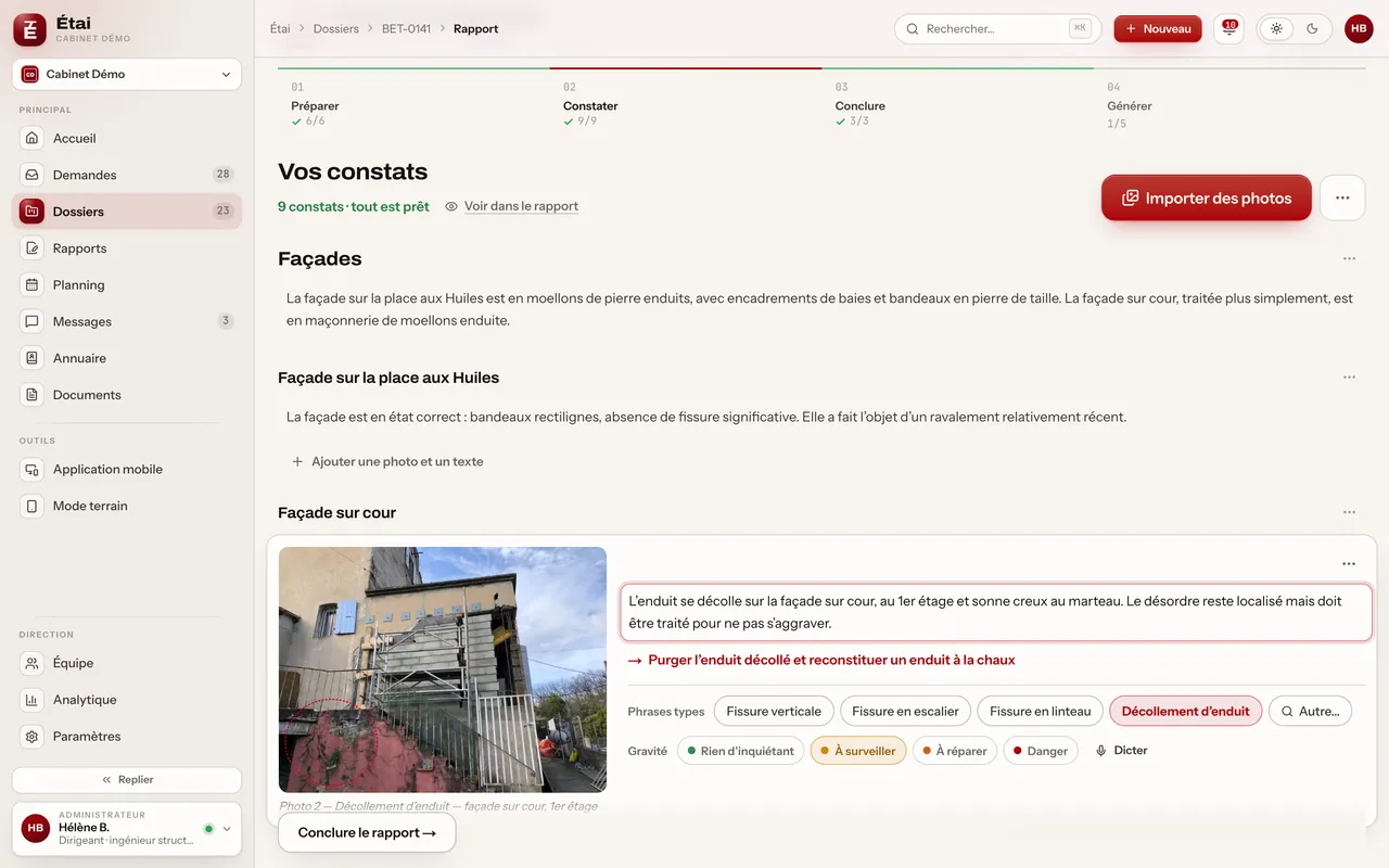 Rapport, temps 02 (Constater) : écran du produit