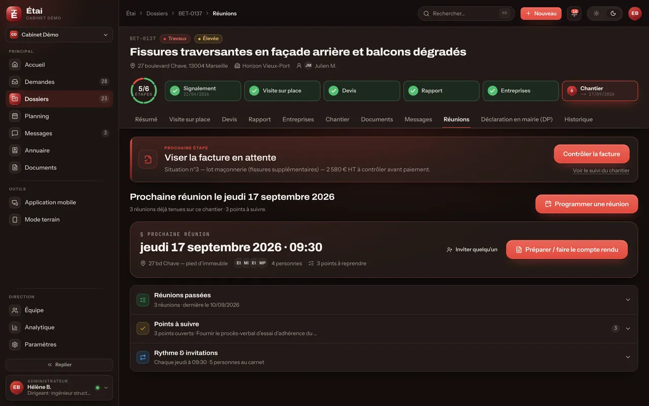 Réunions de chantier et comptes-rendus : écran du produit